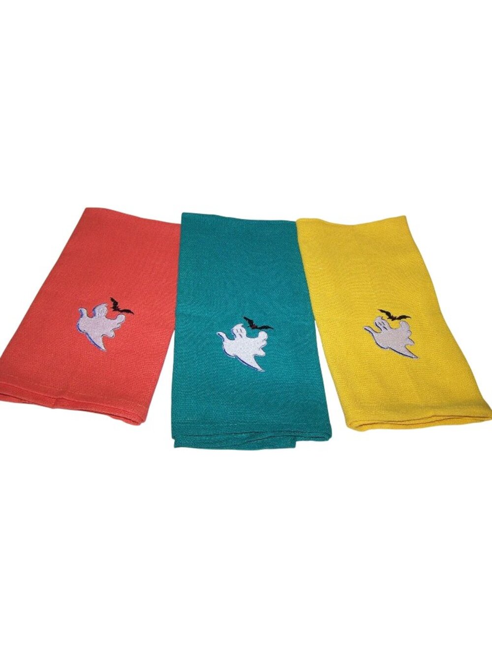 Kitchen Towels  Embroidered set of 3  Ghost 1 Yellow 1 Green  1 Orange 16" x 21"